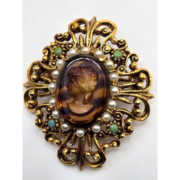 Vintage Florenza signed Gold Tone Filigree Pearl Cameo Brooch - Picture 5 of 9